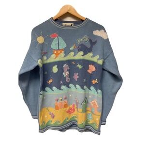 VTG Tulchan sweater Size MD Grandma 3D Artsy Teacher Fish Beach novelty nautical